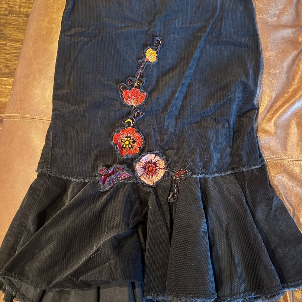 Free People Black Velvet Midi Skirt with Floral Embroidery